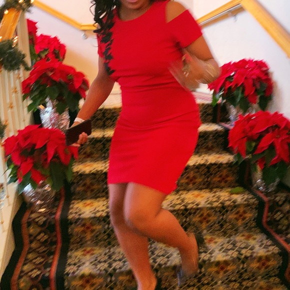 Sharagano Red Cold Shoulder Dress with Black Embroidery Detail - Picture 6 of 6